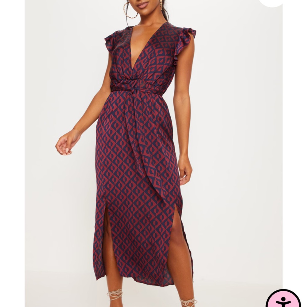 Navy & Red Geo Print Satin Frill Shoulder Split Midi Dress